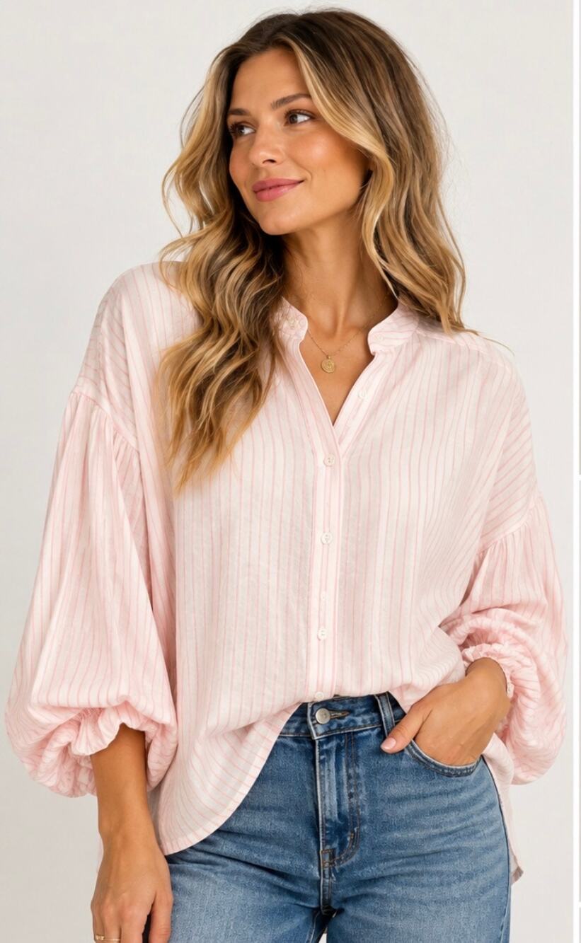 NWT Fate Pink White Striped Oversized Balloon Sleeve Blouse Large
